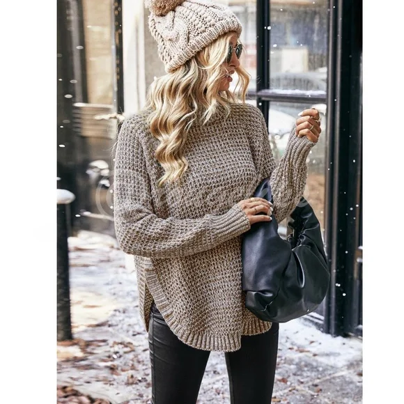 Waffle Knit Khaki Long Sleeve Sweater Turtleneck - Picture 2 of 7